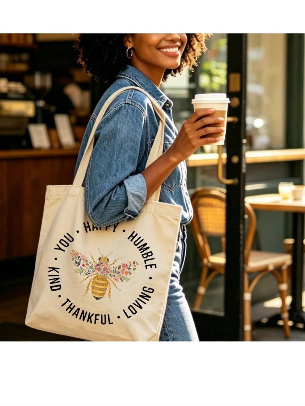 Everyday Canvas Tote Bag with Floral Bee Print - Natural
